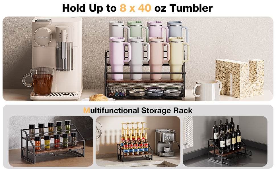 3-Tier Wooden & Iron Water Bottle Organizer for Stanley Cups – 8-Bottle Storage Rack with Pull-Out Basket