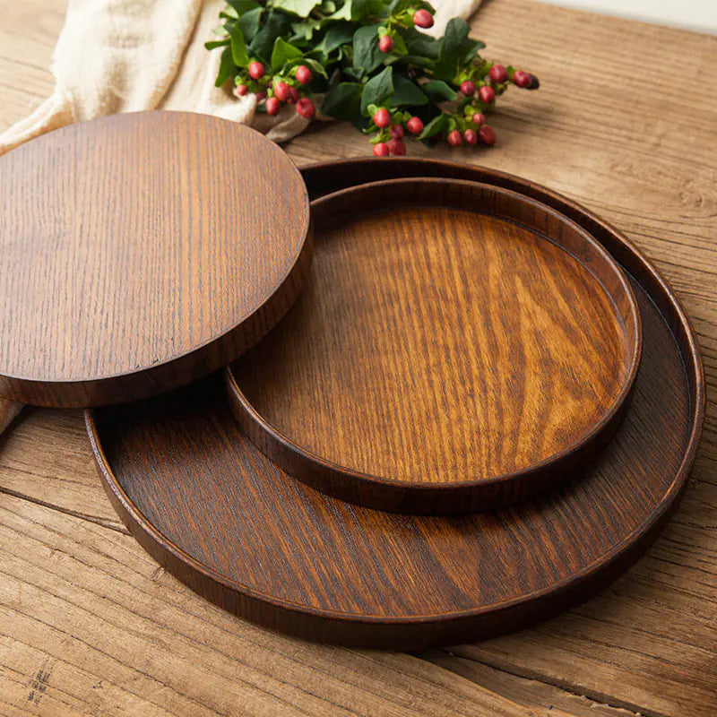 Japanese Style Wooden Round Tray for Serving Tea, Snacks & Desserts