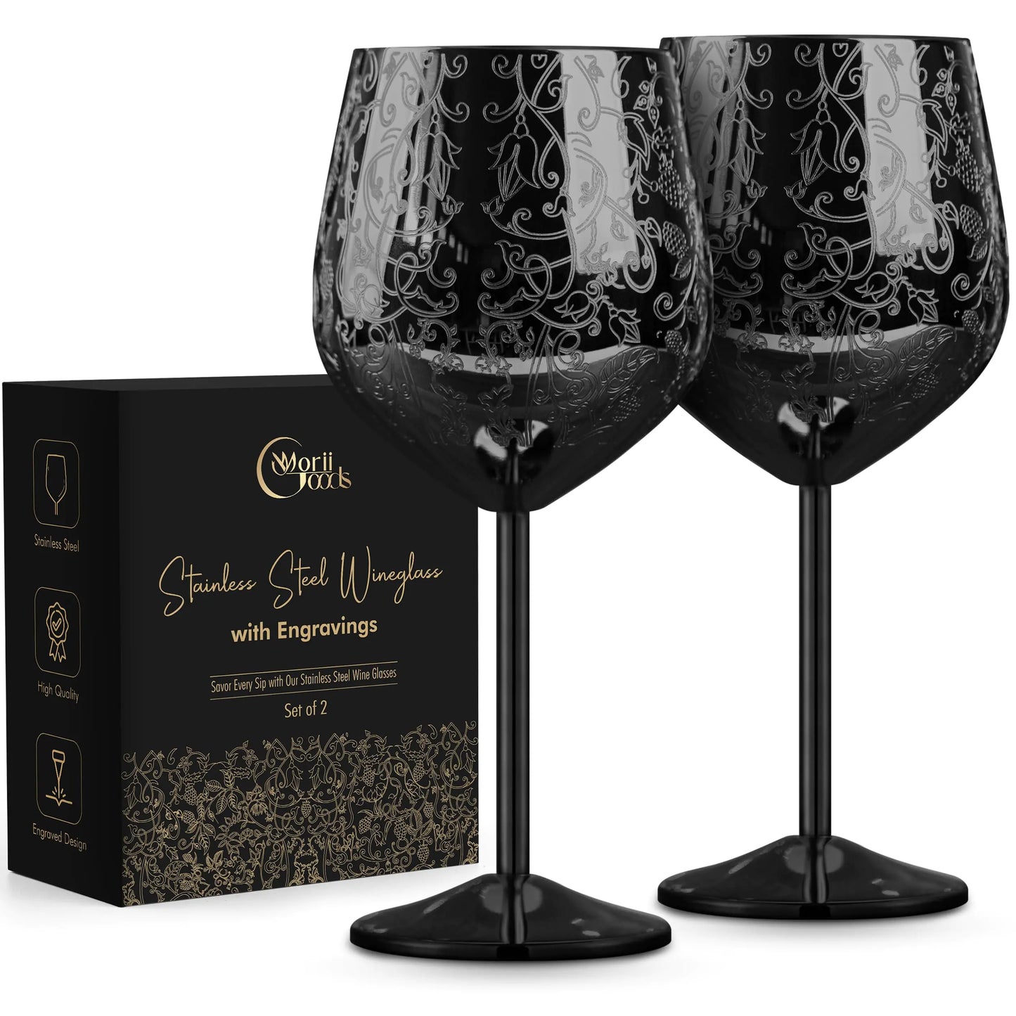 Unbreakable Stainless Steel Wine Glasses Set of 2 | Black Etched Wine Cups for Men & Women