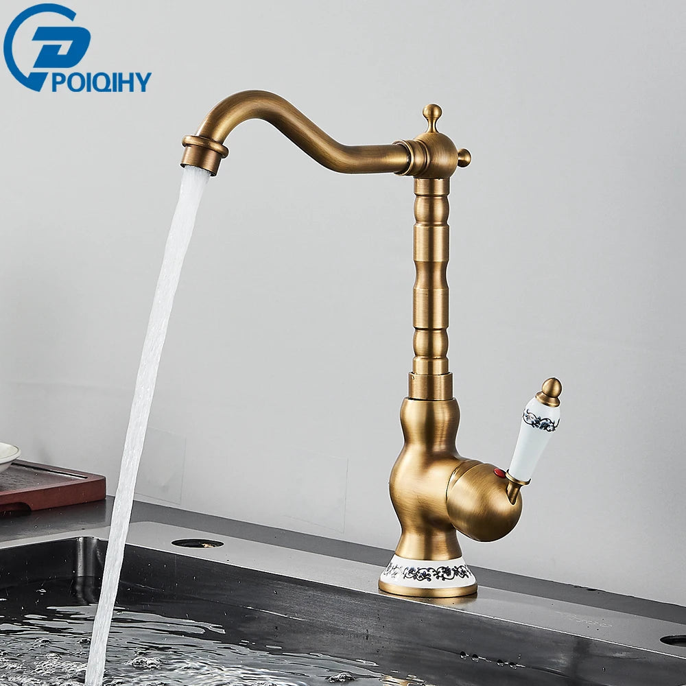 Antique Brass Sink Mixer Tap – Bathroom & Kitchen Rotating Faucet