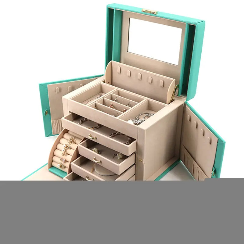 Large Jewelry Organizer Box: Mirror, Multiple Tiers & PU Leather Finish