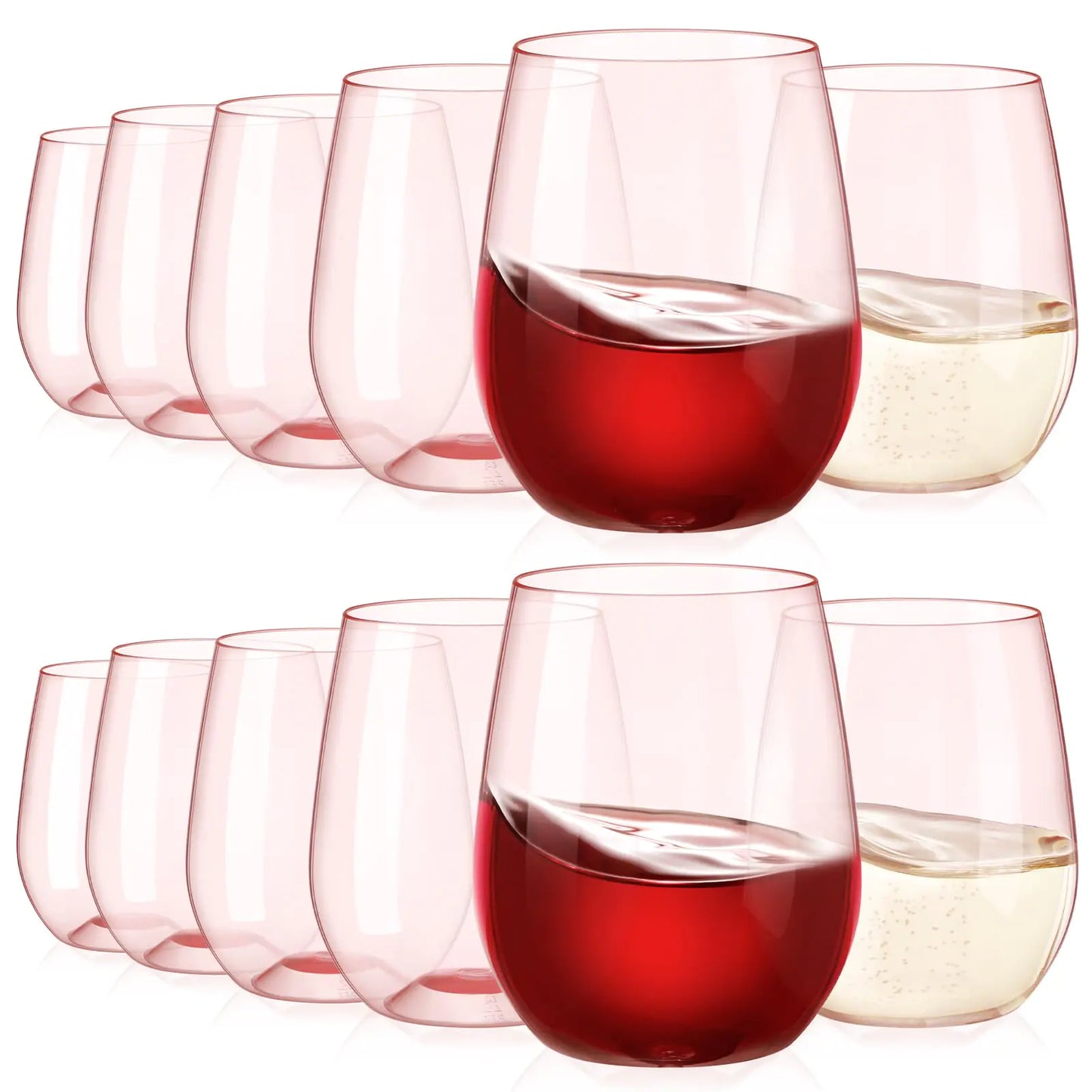 Tioncy 14 Oz Stemless Crystal Pink Wine Glasses – 12-Pack Unbreakable Plastic Party Cups