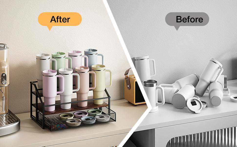 3-Tier Wooden & Iron Water Bottle Organizer for Stanley Cups – 8-Bottle Storage Rack with Pull-Out Basket