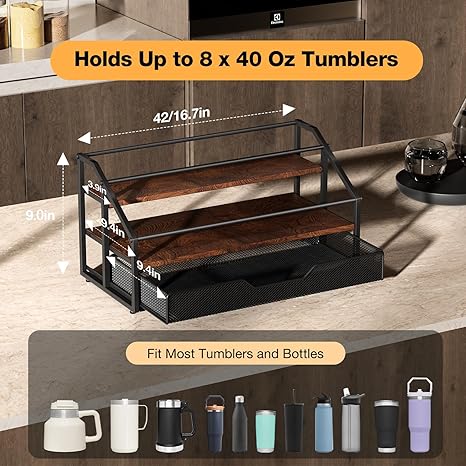 3-Tier Wooden & Iron Water Bottle Organizer for Stanley Cups – 8-Bottle Storage Rack with Pull-Out Basket