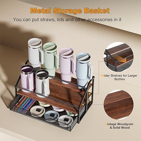 3-Tier Wooden & Iron Water Bottle Organizer for Stanley Cups – 8-Bottle Storage Rack with Pull-Out Basket