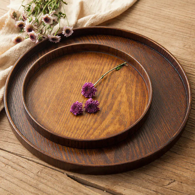 Japanese Style Wooden Round Tray for Serving Tea, Snacks & Desserts