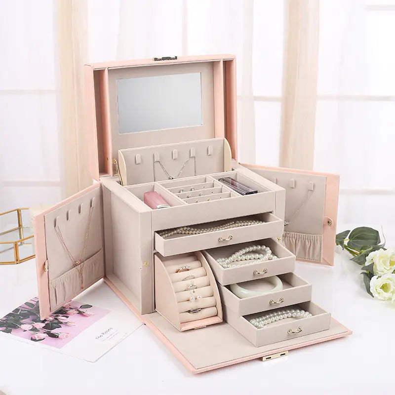 Large Jewelry Organizer Box: Mirror, Multiple Tiers & PU Leather Finish