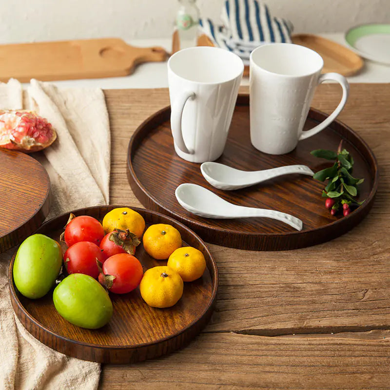 Japanese Style Wooden Round Tray for Serving Tea, Snacks & Desserts