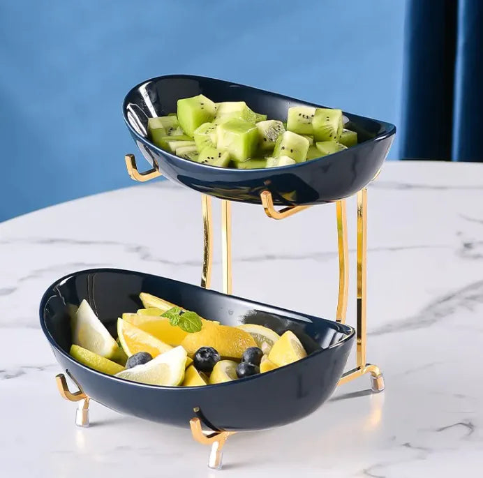 Modern Two-Tier Fruit Stand – Perfect Ceramic Display Tray for Snacks and Fruits