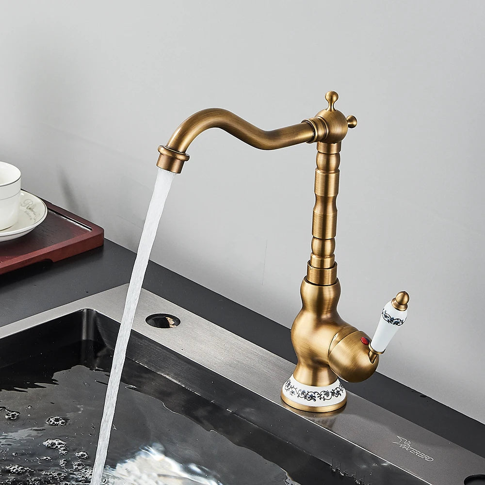 Antique Brass Sink Mixer Tap – Bathroom & Kitchen Rotating Faucet