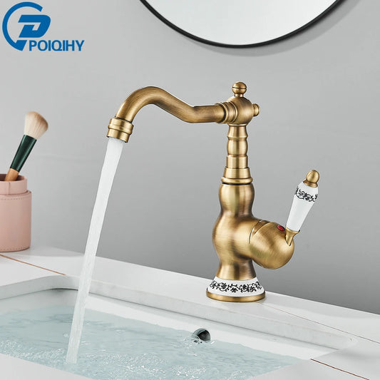 Antique Brass Sink Mixer Tap – Bathroom & Kitchen Rotating Faucet