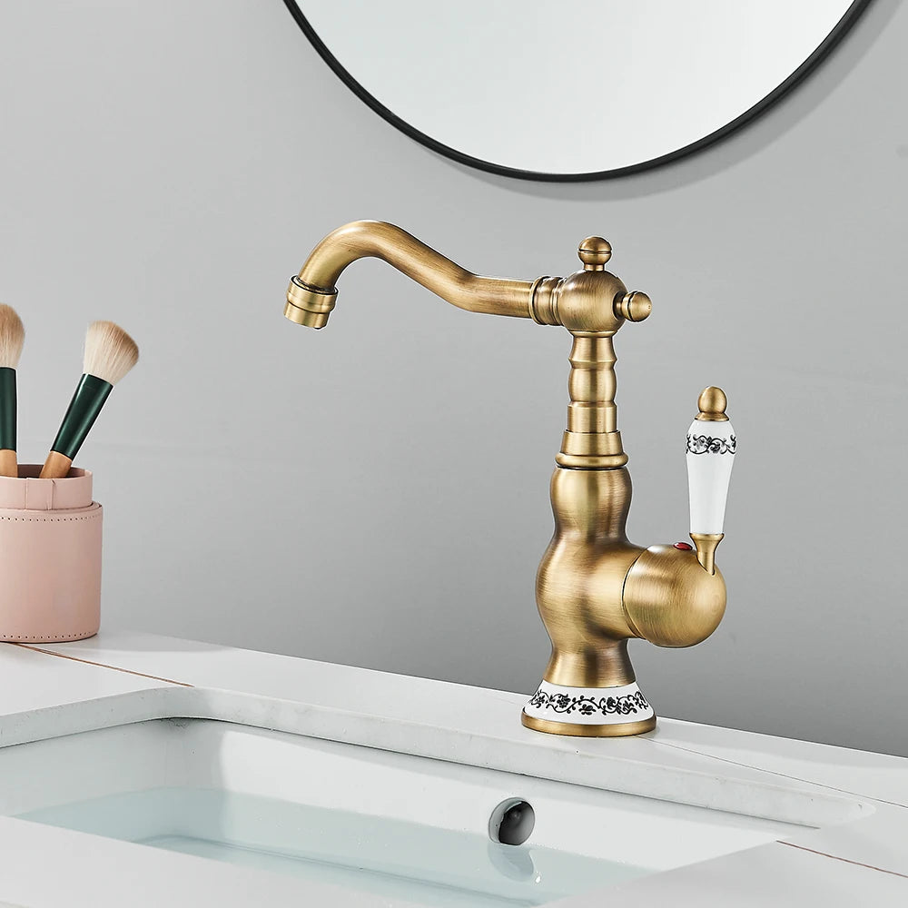 Antique Brass Sink Mixer Tap – Bathroom & Kitchen Rotating Faucet