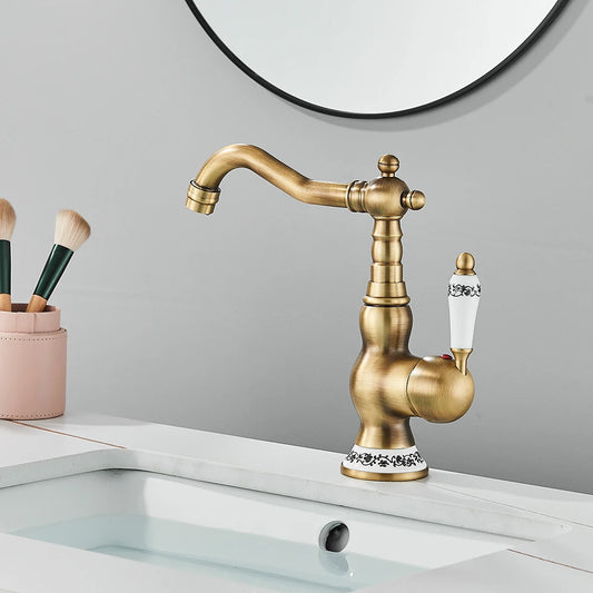 Antique Brass Sink Mixer Tap – Bathroom & Kitchen Rotating Faucet