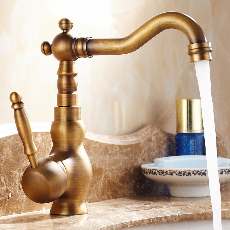 Antique Brass Sink Mixer Tap – Bathroom & Kitchen Rotating Faucet