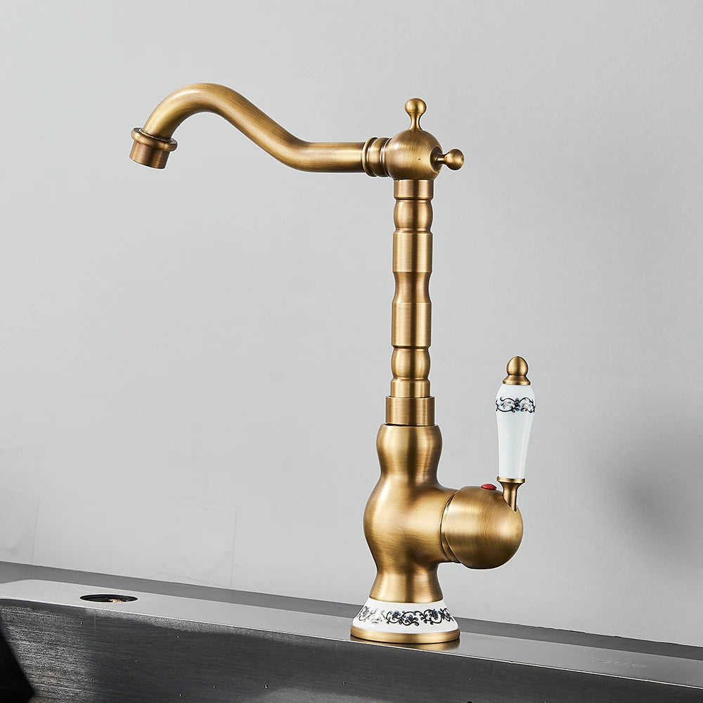 Antique Brass Sink Mixer Tap – Bathroom & Kitchen Rotating Faucet