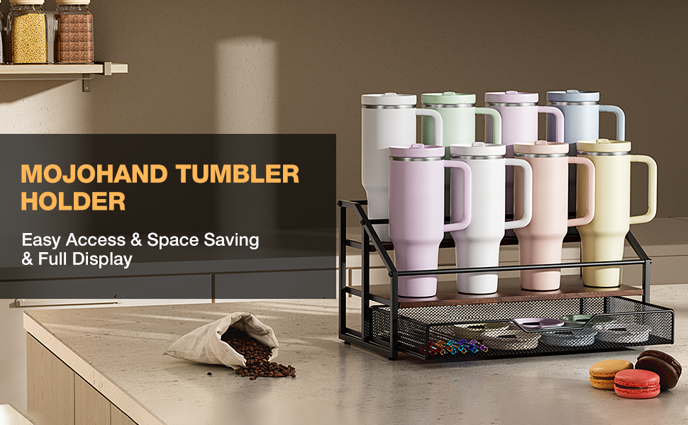 3-Tier Wooden & Iron Water Bottle Organizer for Stanley Cups – 8-Bottle Storage Rack with Pull-Out Basket