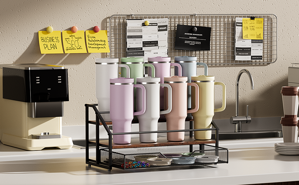 3-Tier Wooden & Iron Water Bottle Organizer for Stanley Cups – 8-Bottle Storage Rack with Pull-Out Basket