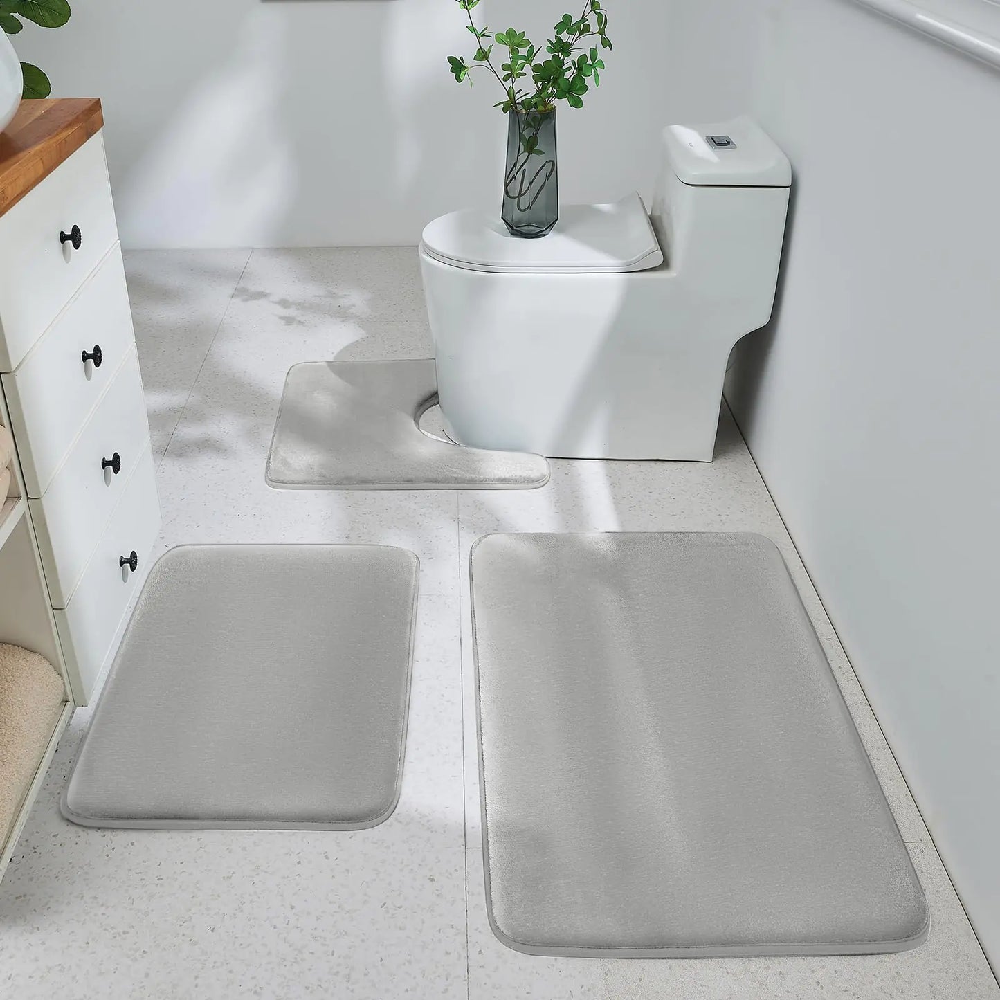 3 Piece Bathroom Rug Set – Ultra Soft Memory Foam Non Slip Washable Mats (Light Grey)