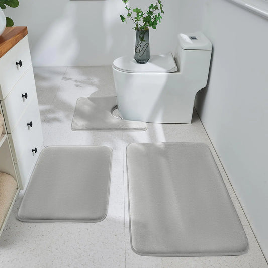 3 Piece Bathroom Rug Set – Ultra Soft Memory Foam Non Slip Washable Mats (Light Grey)